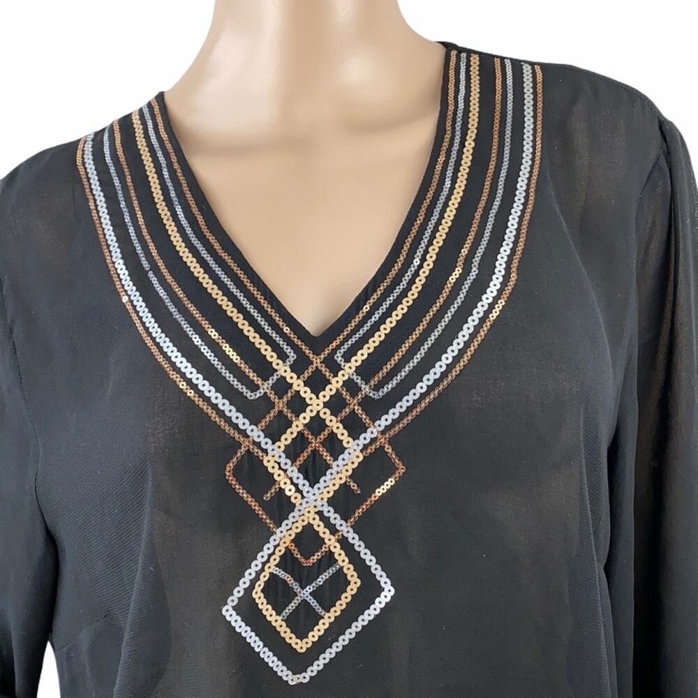 Ellen Tracy Black Sheer Sequined V-Neck Tunic Top XL High Low - Picture 9 of 9